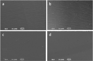 SEM images of 3F-MI-modified UP resins. The concentration of 3F-MI: (a) 3 wt%, (b) 5 wt%, (c) 7 wt% and (d) 10 wt%.