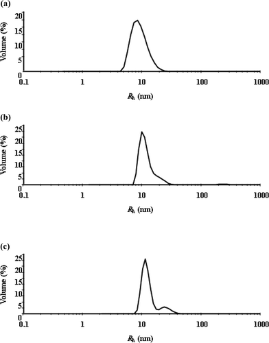 Hydrodynamic radius (Rh) distributions of TX-114 solutions at 20 °C with different concentrations of SDS: (a) 0, (b) 1 and (c) 2 mM SDS.