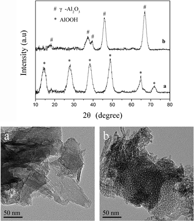XRD patterns and TEM images of products obtained from aqueous aluminum nitrate solution at pH 7.5 after (a) being dried at 383 K for 12 h and (b) being calcined at 873 K for 5 h.