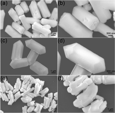 Low- and high-magnification FESEM images of β-NaLuF4 MCs prepared at 200 °C for 24 h and EDA/EG volume ratio of 7 : 13 (a) and (b), 3 : 17 (c) and (d), and 0 : 20 (e) and (f). All of the samples were obtained with NaNO3 content of 0.1 g.