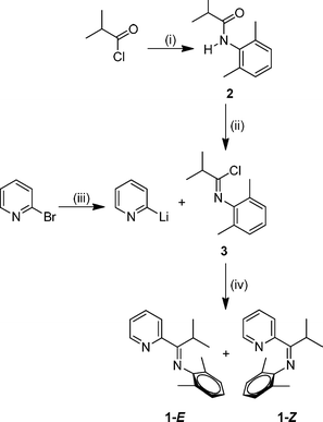 Reagents and conditions: (i) 2,6-dimethylaniline, NEt3, CH2Cl2, reflux, 1 h ; (ii) PCl5, toluene, 22 °C, 15 h ; (iii) n-BuLi, CH2Cl2, −78 °C, 15 min ; (iv) −78–22 °C, 21 h.