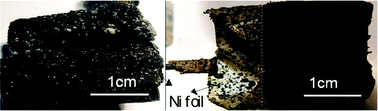 Typical photos of the deposits on the Ni substrate prepared via potentiostatic electrolysis at 0.4 V (vs. Ca/Ca2+) (left) or 0.6 V (right) for 10 h in the CaSiO3-saturated molten CaCl2 at 850 °C. The dashed line in the right-hand image indicates the liquid level of the melt.