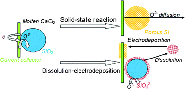 A schematic representation of the electro-reduction process of solid silica in molten CaCl2 governed by both the solid-state reaction and dissolution–electrodeposition mechanisms.