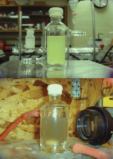 Color change observation during the photocatalytic reaction. Top: Solution before visible light irradiation and bottom: solution after visible light irradiation.