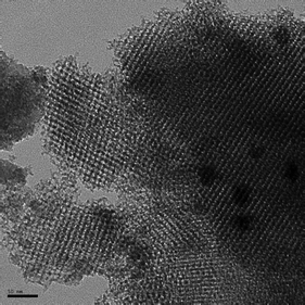 A TEM image of CdS-LP-MCM-48-HS120-50. The scale bar represents 50 nm.