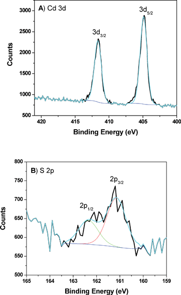 
            A) XPS of Cd peaks from CdS-LP-MCM-48-HS100-50 sample prior to photocatalysis reaction. B) XPS of S peaks from CdS-LP-MCM-48-HS100-50 sample prior to photocatalysis reaction.