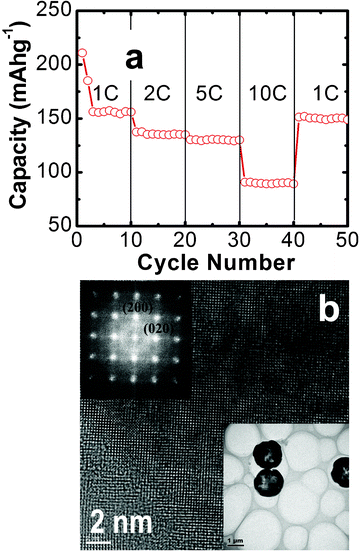 (a) Cycling performance of the TiO2 electrodes at various current rates. (b) HRTEM image of the TiO2 electrodes after rate capability testing (50 cycles). The top and bottom insets in (b) show the corresponding FFT pattern and TEM image, respectively.