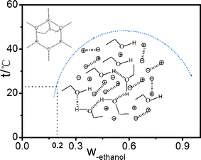 The structure schematic drawings of the interaction between ethanol and ionic liquids. ,  represent cationic and anionic of IL, respectively.