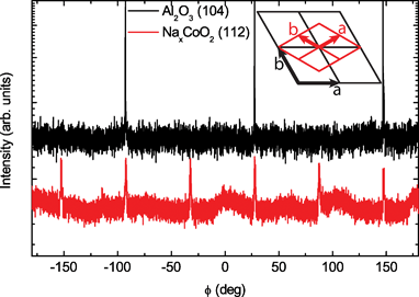 X-Ray diffraction measurements demonstrating the epitaxial relationship between the Al2O3 substrate and the NaxCoO2 thin film. The ϕ positions of the (112) and (104) peaks of the thin film and substrate, respectively, indicate the rotation of the a-axis of the film by 30° compared to the substrate as schematically shown.