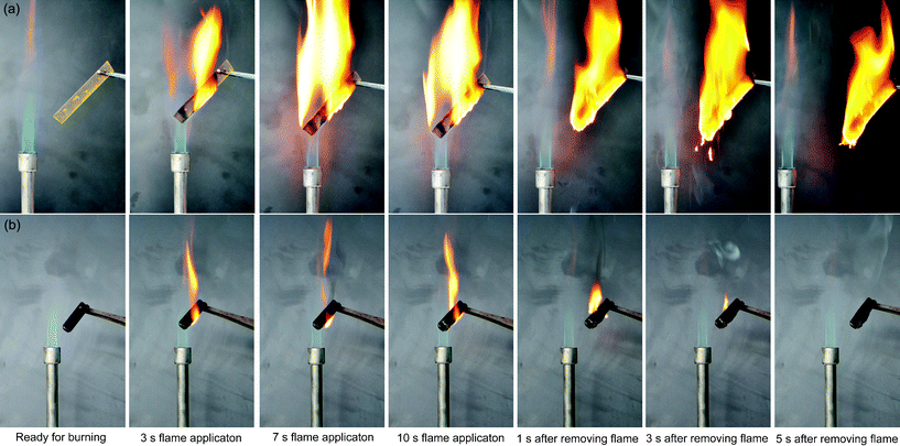 Photographs of the burning behaviors of (a) DGEBA and (b) cyclolinear cyclotriphosphazene-linked epoxy thermosets during a vertical burning experiment.