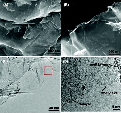 SEM images of GO (A), rGO (B), a TEM image of an rGO platelet (C) and a high resolution TEM image of the selected area (D).