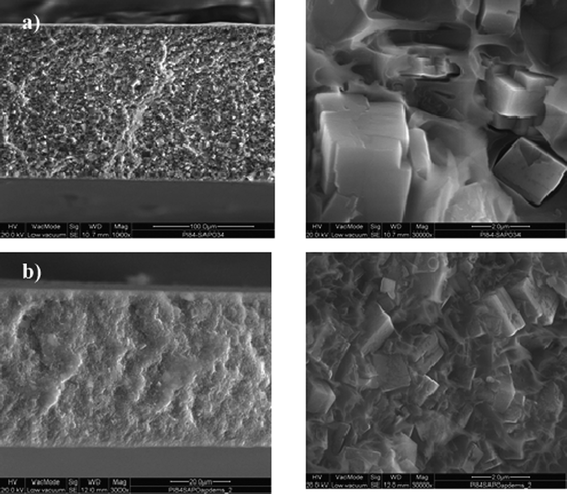 SEM pictures of MMMs based on PI84 and SAPO-34 molecular sieves functionalized with two types of silane agents containing (a) phenetyl and (b) aminopropyl groups. Overall (left) and magnification (right) of the membrane cross section.