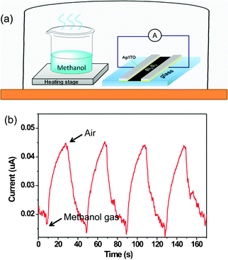 (a) Schematic illustration of methanol detection and (b) current variation of the gas sensor based on hierarchical Bi2S3 nanostructures at 0.5 V bias as a function of time.