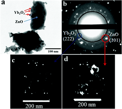 (a) TEM images of ZnO/Yb2O3 nanocomposite powder, i.e. of ZnO crystalline nanoparticles decorated with attached smaller Yb2O3 crystalline nanoparticles; (b) selected area electron diffraction (SAED) pattern of the area shown in (a); (c,d) dark-field images of the areas circled and arrowed by the blue and red circles and arrows in (b), respectively.