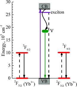 Energy level diagram illustrating the energy transfer processes by quantum cutting from the ZnO exciton state to a pair of Yb3+ ions nearby. The purple solid up-headed arrow shows excitation of electrons from the valence (VB) to the conduction band (CB) of ZnO. The violet horizontal line shows the exciton energy level of ZnO. A wavy black line shows trapping of electrons from the conduction band of zinc oxide by its intrinsic defects (oxygen vacancies) post-signed by the letter V, with subsequent emission of intrinsic green luminescence (green down-headed arrow). Red horizontal lines show the involved energy levels of Yb3+ ions and the black down-headed arrows indicate an experimentally detected emission of Yb3+ at about 1000 nm. The dashed black lines indicate energy transfer processes by quantum cutting from the ZnO exciton to the Yb3+ ions.