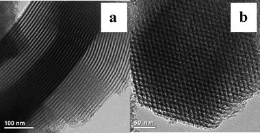 TEM images of 16% HPW-NH2-SBA-15 (a: perpendicular to the channel direction of SBA-15, b: parallel to the channel direction of SBA-15).