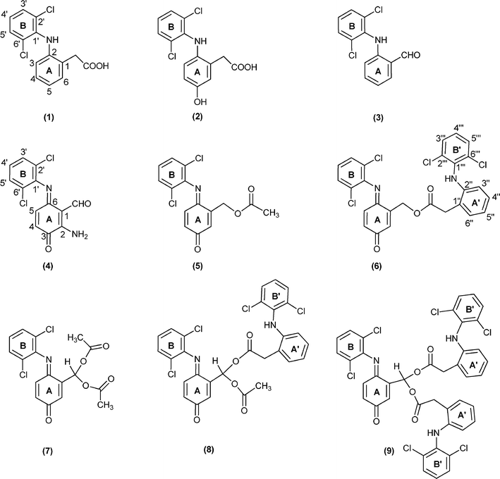 Structures of diclofenac and diclofenac derivatives.