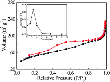 Nitrogen adsorption–desorption isotherms and pore size distribution (inset) of P.