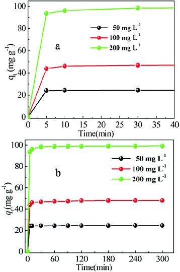 Adsorption of MB on P as a function of contact time. Conditions: P: 0.1 g; MB: 50 mL, 50–200 mg L−1; temperature: 16 °C; contact time: 5–300 min.