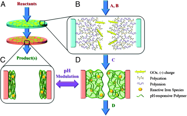 Schematic of reactive nanostructured stacked membrane system. (A) Setup of stacked membrane system consisting of two membranes of different functionality operated via convective flow. (B) Pore of top membrane with layer-by-layer polycation/polyanion assembly containing electrostatically immobilized GOx for the conversion of reactants A + B → C. (C) Pore of bottom membrane consisting of pH-responsive PAA gel with immobilized iron species in collapsed state. (D) Pore of bottom membrane after exposure to increased pH causing gel to swell; reactive iron species catalyzes conversion of C → D. Reproduced with permission.