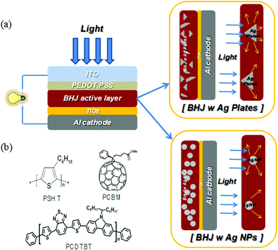 (a) A schematic diagram of the devices with two different Ag materials (Ag nanoplates and Ag NPs); (b) the chemical structures of P3HT and PCDTBT of the donor and PC71BM of the acceptor.