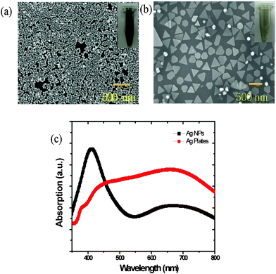 (a) SEM images of the Ag NPs, and (b) Ag nanoplates. The inset figures show the Ag materials dispersed in an ethanol solvent (Ag NPs: dark green; Ag nanoplates: light gray). (c) UV–visible absorption spectra of Ag nanoparticles and Ag nanoplates.