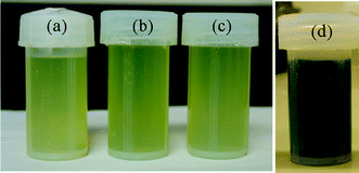 Membrane samples immersed in 0.1 M VO2+ with 5.0 M total sulfate solutions at 40 °C: (a) N212, after 140 d; (b) SFPAE-1.8, after 31 d; (c) SFPAE-1.4, after 79 d; (d) S-Radel-1.9, after 40 d.