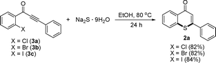 Reactions of 1-(2-halophenyl)-3-phenylprop-2-yn-1-ones with sodium sulfide nonahydrate leading to 2-phenyl-4h-thiochromen-4-one (2a) under the standard conditions.