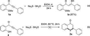 (a) Reaction of 1-(2-halophenyl)-3-phenylprop-2-yn-1-one with sodium sulfide at room temperature. (b) Reaction of 1-(2-hydroxyphenyl)-3-phenylprop-2-yn-1-one with sodium sulphide at 80 °C.