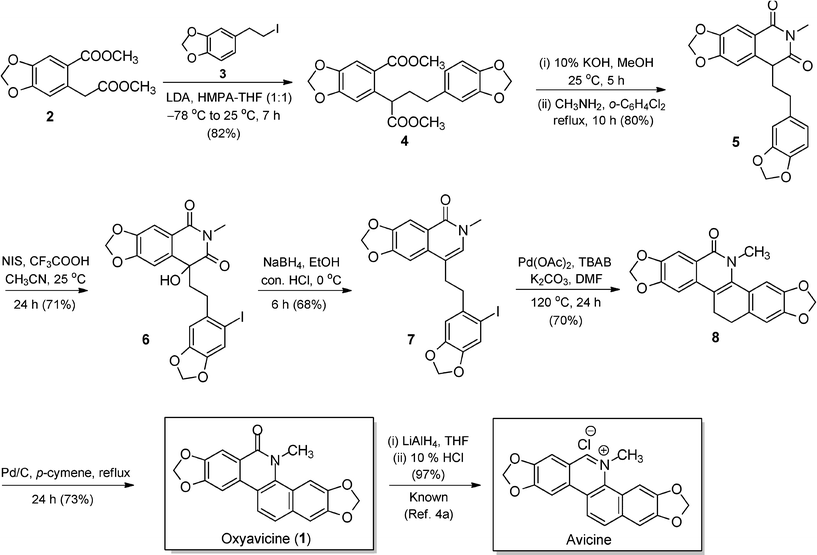 Convergent access to oxyavicine via an intramolecular Heck coupling reaction.