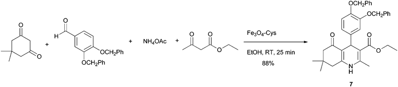 Multicomponent synthesis between 3,4-bis(benzyloxy)benzaldehyde, ammonium acetate, ethyl acetoacetate and 5,5-dimethylcyclohexane-1,3-dione catalyzed by Fe3O4–Cys 2.