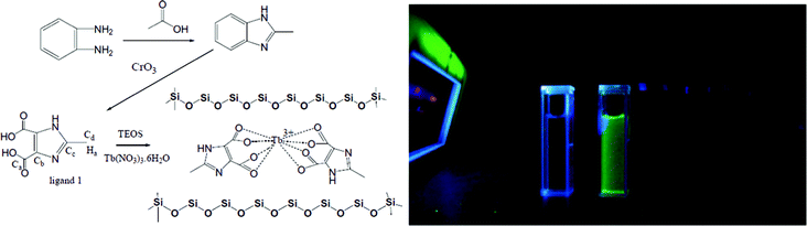 Synthesis of the hybrid material and photograph of hybrid material solution (10 μg/mL in water) and upon addition of 10−4 M [Bu4N]HSO4 (excited by UV lamp at 254 nm). Reprinted with permission from ref. 81a. Copyright 2010, Wiley Publishing Company.