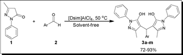 The preparation of 4,4′-(arylmethylene)-bis(3-methyl-1-phenyl-1H-pyrazol-5-ol)s by [Dsim]AlCl4.