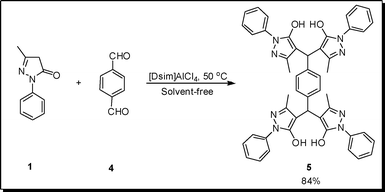 The preparation of di-4,4′-(arylmethylene)-bis(3-methyl-1-phenylpyrazol-5-ol) using [Dsim]AlCl4 as catalyst.