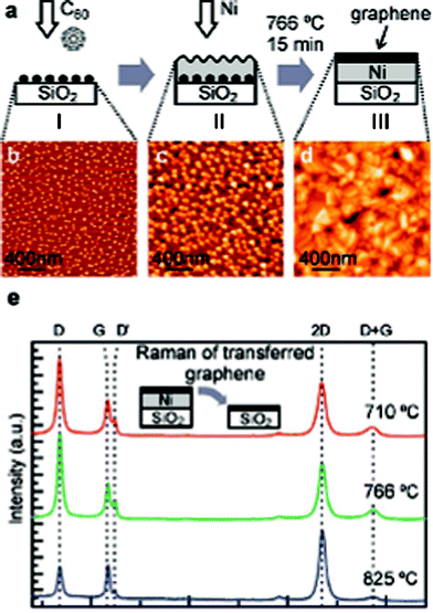 Graphene synthesized from C60 buried under a nickel film on a SiO2 surface. (a) The preparation procedure performed in vacuum: (I) ∼1.6 nm of C60 was deposited on a predegassed SiO2 surface, (II) nickel film was grown by evaporation, and then (III) the whole assembly was annealed at a chosen temperature for 15 min. (b–d) tapping mode 2 × 2 μm AFM images of samples taken out after stages I–III, respectively. (e) Raman spectra of transferred graphene prepared at different annealing temperatures, with the peak assignments D, G, D′, 2D and D + G shown by dashed lines.39