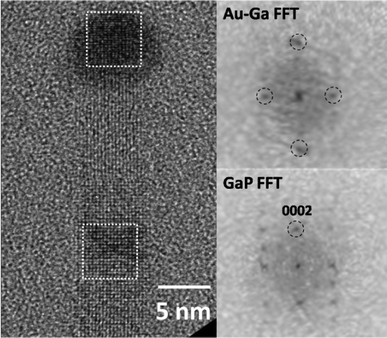 HRTEM image of a GaP NW with catalyst tip, in which the WZ structure GaP ends with a Au–Ga tip with two perpendicular lattice planes, and the FFTs are shown respectively taken from the dashed square boxes on the left side.
