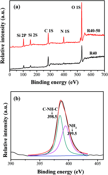 XPS survey spectra (a) of R40 and R40-50 samples and high-resolution XPS spectra of N 1s (b) for the R40-50 sample.