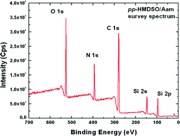 XPS survey spectrum of a plasma polymer coating made from a mixture of HMDMSO and Aam (1 : 1 molar ratio).