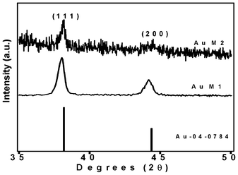 XRD patterns of Au impregnated ESM. AuM1 is 80 °C dried membrane and AuM2 is as-dried membrane impregnated with 10−2 M solution.