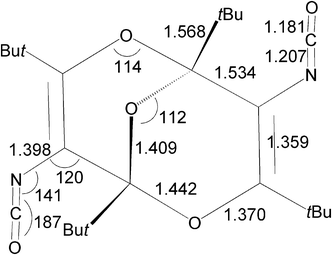 Geometrical parameters for diisocyanate 5 at the B3LYP/6-31G** level. Bond lengths in Å and angles in degrees. The CC bonds are twisted by an angle 11.6°, the concave angle between the C2O fragments of the two six-membered rings is 110°, and there is a C2 symmetry axis passing through the central ether bridge. See ESI for further bond lengths and angles.