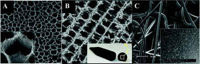 3-D scaffolds made from carbon nanotubes (CNTs): (A) vertically aligned CNTs on surface with micron-sized cavity; (B) CNTs/chitosan scaffold with a chamber-like structure; insert shows the monolithic scaffold prepared by the ice segregation induced self-assembly (ISISA) process; (C) PET fibers coated with CNTs via deposition. (A and B are reproduced from ref. 122 and 123, respectively, with permission).