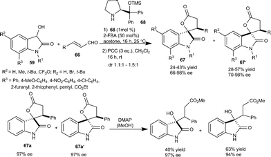 Prolinol 68 catalyzed Michael addition of dioxindole to unsaturated aldehydes.
