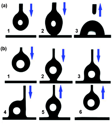 The behavior of a water droplet moving towards the glass surface coated by pure and hybrid films. (a) A series of images for the glass surface coated by 3 wt% BAF-fa, illustrating the ease with which the water droplet sticks to the film just after touching the surface. (b) A series of images for the glass surface modified by 3 wt% P(BAF-fa)/1 wt% SiO2. (1) Movement of the syringe releasing a 3 μL water droplet towards the sessile film, (2) the water droplet touching the surface, (3,4) the needle being pushed to the surface to overcome the surface tension forces, (5) backward movement of the syringe and (6) finally the water droplet is pulled back without any loss.