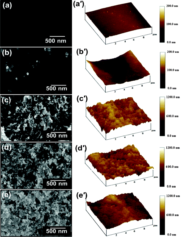 (a–e) FE-SEM and (a′–e′) corresponding AFM images of pure and hybrid films containing different concentrations of silica nanoparticles coated on the glass surface: (a) 3 wt% P(BAF-fa), (b) 3 wt% P(BAF-fa)/0.1 wt% SiO2, (c) 3 wt% P(BAF-pfa)/0.5 wt% SiO2, (d) 3 wt% P(BAF-pfa)/1 wt% SiO2, and (e) 3 wt% P(BAF-pfa)/3 wt% SiO2.