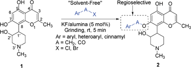 KF/Alumina catalyzed regioselective O-benzylation/benzoylation of chromone alkaloid under solvent-free conditions.