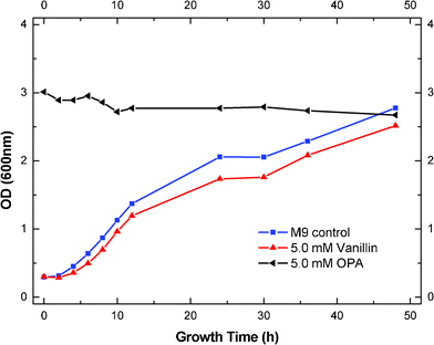 Effects of OPA and vanillin on growth of S. cerevisiae (5.0 mM of OPA and vanillin with 2% glucose, inoculation size 0.14 g L−1).