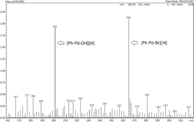 ESI(+)-MS spectra of Pd–graphene and bromobenzene mixture after heating at 80 °C for 30 min in EtOH and H2O.