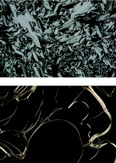 Mesophase defect textures observed by polarizing optical microscopy (POM). Top: fan texture of compound Q16.c at 132 °C. Bottom: oily streak texture of compound Q19.a at 166 °C.