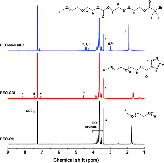 
            1H-NMR spectra of PEO–OH, PEO–CDI, and PEO–ss–iBuBr in CDCl3.