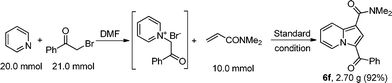 The synthesis of indolizine 6f on the gram scale.